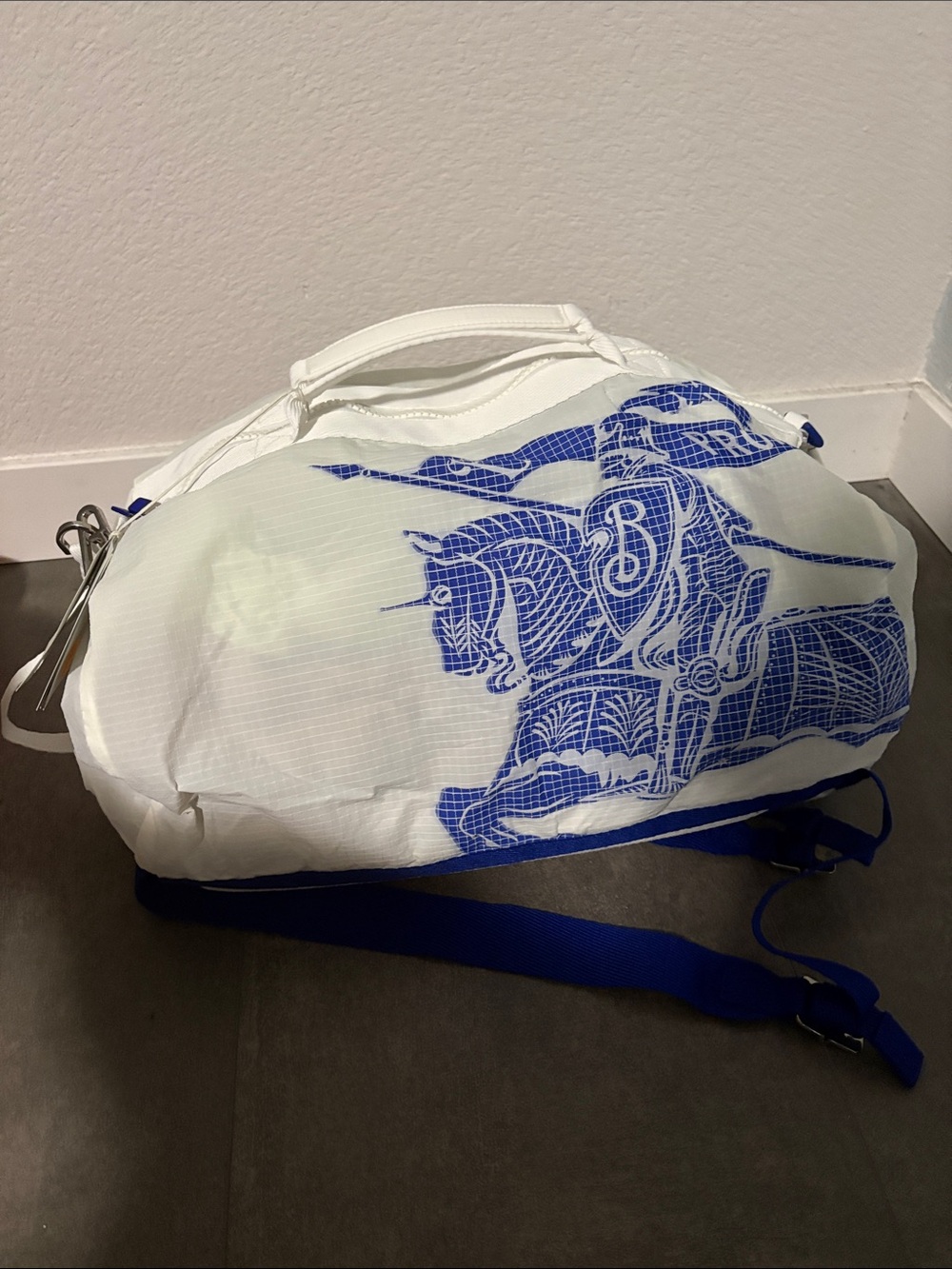 BNWT Burberry Nylon Duffle Backpack with EKD Royal Blue Logo